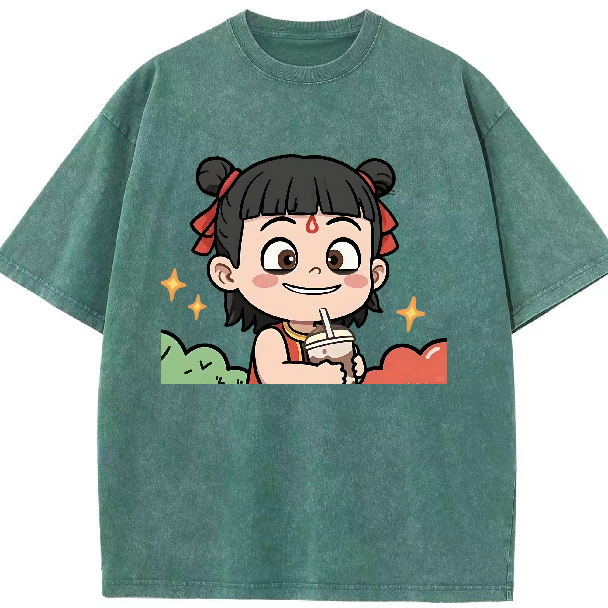 （画像用） Ne Zha 2 ナタ 魔童の大暴れ 綿100% ヴィンテージ風 半袖Tシャツ（フロントプリント）